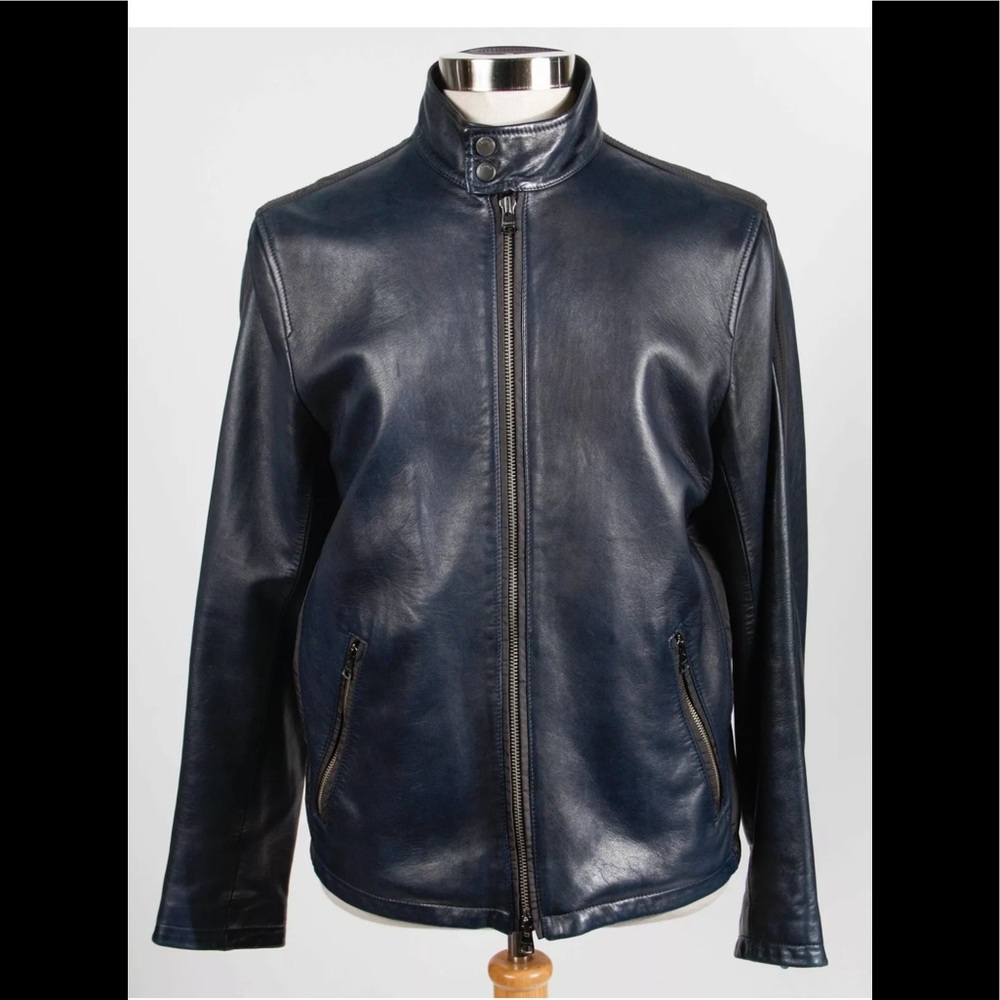 Theory Blue Black Cafe Racer Leather Jacket